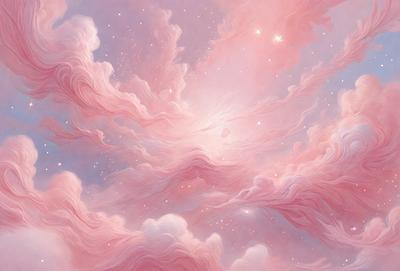 The primary subject of the image is a beautifully painted pink and purple cloudy sky. The setting is a nighttime scene with a starry background, creating a serene and peaceful atmosphere. The visual style is a combination of digital art and illustration, showcasing the artist's skill in creating a realistic and captivating scene. The colors and mood of the image are predominantly pink and purple, evoking a sense of calmness and tranquility.