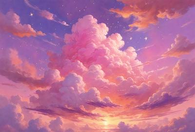 The primary subject of the image is a beautifully painted cloudy sky with pink and purple hues. The setting is a nighttime scene with a sunset, creating a serene and peaceful atmosphere. The visual style is a digital art or illustration, showcasing the artist's skill in capturing the clouds and their colors. The colors and mood of the image are warm, inviting, and calming, making it a captivating and visually appealing scene.
