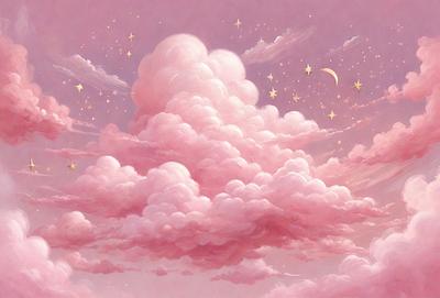 The primary subject of the image is a pink cloud with stars in the sky. The setting is a nighttime scene with a pink and purple sky. The visual style is a digital art or illustration, creating a whimsical and dreamy atmosphere. The colors and mood are predominantly pink and purple, giving the scene a soft and serene feel.