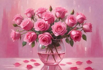 The primary subject of the image is a vase filled with pink roses. The vase is placed on a table, and the roses are arranged in a visually appealing manner. The setting is a room with a pink background, which adds to the overall mood of the scene. The visual style of the image is a painting, which showcases the artist's skill in capturing the beauty of the roses and the vase. The colors and mood of the painting are predominantly pink, creating