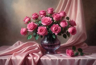 The primary subject of the image is a vase filled with pink roses. The vase is placed on a table, and the roses are arranged in a visually appealing manner. The setting is a room with a pink background, which adds to the overall mood of the scene. The visual style of the image is a painting, which showcases the artist's skill in capturing the beauty of the roses and the table setting. The colors and mood of the painting are predominantly pink, creating