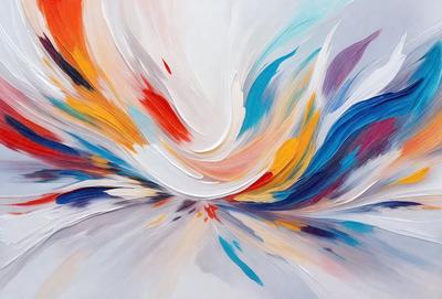 The primary subject of the image is a painting, which features a white background with a colorful, swirling design. The painting appears to be a digital art piece, showcasing a vibrant and dynamic visual style. The colors and mood of the painting are lively and energetic, with a mix of red, blue, yellow, and orange hues that create a sense of movement and excitement.