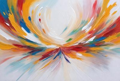 The primary subject of the image is a painting of a colorful circle. The circle is the main focus of the image, and it is displayed on a white background. The visual style of the painting suggests that it is a digital art or illustration, as it appears to be a detailed and intricate design. The colors and mood of the painting are vibrant and lively, with a mix of red, yellow, and blue hues that create a sense of energy and movement.