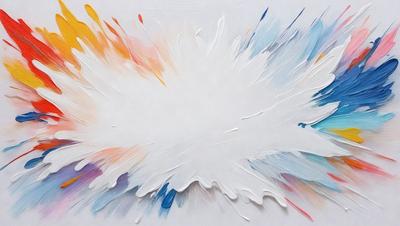 The primary subject of the image is a white canvas with a blue and orange splash painted on it. The setting is a white wall, and the visual style appears to be a painting or drawing. The colors and mood of the image are vibrant and lively, with the blue and orange splash creating a dynamic and eye-catching focal point.