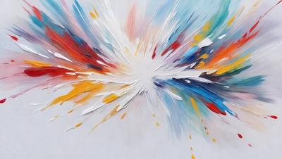 The primary subject of the image is a painting of a colorful explosion. The setting is a white background, which provides a clean and uncluttered appearance. The visual style is a combination of digital art and illustration, creating a vibrant and dynamic scene. The colors and mood of the painting are predominantly bright and energetic, with a focus on the vivid hues of the explosion.