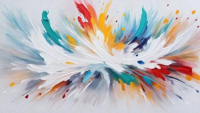 The primary subject of the image is a painting, which features a colorful and abstract design. The painting is displayed on a white background, giving it a clean and minimalist appearance. The visual style of the painting suggests that it is a digital art or illustration, as it appears to be a digital creation rather than a traditional painting. The dominant colors in the painting are a mix of red, blue, yellow, and green, creating a vibrant and lively atmosphere.
