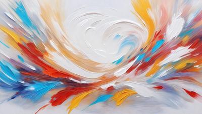 The primary subject of the image is a painting of a wave, featuring a mix of red, yellow, blue, and orange colors. The setting is a white background, which provides a clean and uncluttered appearance. The visual style is a combination of digital art and illustration, creating a dynamic and vibrant scene. The dominant colors and overall atmosphere of the painting evoke a sense of energy and movement, as the wave appears to be in motion.