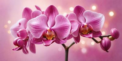 The primary subject of the image is a bouquet of pink orchids. The setting is a pink background, which creates a visually appealing contrast with the orchids. The visual style is a close-up of the orchids, showcasing their details and beauty. The colors and mood of the image are predominantly pink, creating a warm and inviting atmosphere.