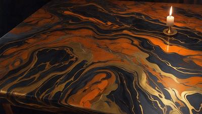 The primary subject of the image is a table with a marble top. The setting is a room with a wooden table. The visual style is a photo of a marble table with a patterned surface. The colors and mood of the image are predominantly orange and black, creating a bold and striking appearance.