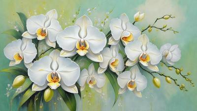 The primary subject of the image is a bouquet of white flowers, which are the main focus of the scene. The flowers are arranged in a vase, creating a beautiful and elegant display. The setting is a green background, which provides a natural and fresh atmosphere to the scene. The visual style of the image is a painting, which adds a sense of artistic expression and creativity to the composition. The colors and mood of the painting are predominantly white, which gives the image a clean, serene, and peaceful amb