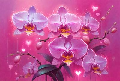 The primary subject of the image is a bouquet of pink flowers, which are the main focus of the scene. The flowers are arranged in a vase, and they are set against a pink background, creating a visually appealing and romantic atmosphere. The visual style of the image is a painting, which adds to the artistic and creative nature of the scene. The colors and mood of the image are predominantly pink, which is often associated with love, affection, and warmth.