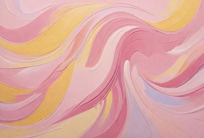 The primary subject of the image is a painting of a wave, featuring a mix of pink, yellow, and white colors. The setting is a pink background, which adds to the overall mood of the painting. The visual style of the painting is a combination of digital art and illustration, creating a unique and artistic representation of the wave.