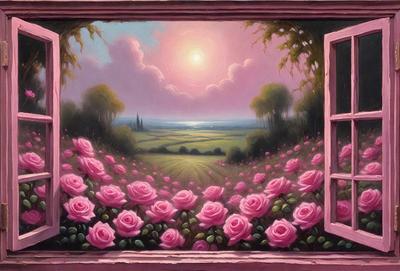 The primary subject of the image is a painting of a field of pink flowers. The setting is a window, and the visual style is a painting. The dominant colors are pink and purple, creating a serene and romantic atmosphere.