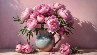 The primary subject of the image is a vase filled with pink flowers. The vase is placed on a table, and the flowers are arranged in a visually appealing manner. The setting is indoors, with a pink background that complements the flowers. The visual style is a painting, which adds a sense of artistic expression to the scene. The colors and mood of the image are predominantly pink, creating a warm and inviting atmosphere.