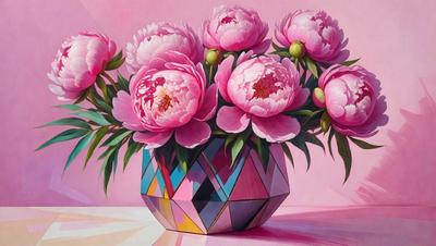 The primary subject of the image is a vase filled with pink flowers. The vase is placed on a pink surface, which adds a warm and inviting atmosphere to the scene. The visual style of the image is a painting, which gives it a more artistic and detailed appearance. The colors and mood of the painting are predominantly pink, creating a sense of warmth and femininity.