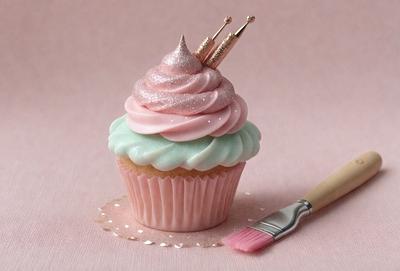 The primary subject of the image is a cupcake with pink frosting and a gold crown on top. The cupcake is placed on a pink surface, which serves as the setting. The visual style of the image is a photo, capturing the details of the cupcake and its decoration. The dominant colors in the image are pink and gold, creating a warm and inviting atmosphere.