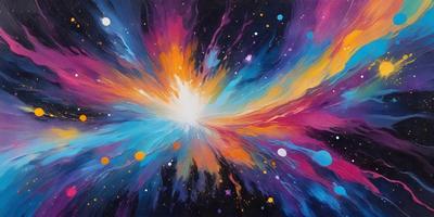 The primary subject of the image is a colorful, swirling, and vibrant painting of a galaxy. The setting is a black background, which contrasts with the bright colors of the galaxy. The visual style is a digital art or illustration, showcasing the artist's creativity and skill in capturing the beauty of the cosmos. The colors and mood of the painting are lively and energetic, evoking a sense of wonder and exploration.