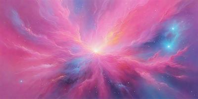 The primary subject of the image is a pink and blue nebula, which is a swirling mass of gas and dust in space. The setting is a space background, and the visual style is a painting or drawing. The dominant colors in the image are pink and blue, creating a warm and vibrant atmosphere.