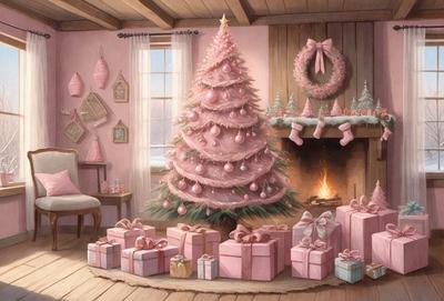 The primary subject of the image is a pink Christmas tree, which is the main focus of the scene. The setting is a cozy room with a fireplace, creating a warm and festive atmosphere. The visual style is a combination of digital art and illustration, giving the image a unique and creative appearance. The colors and mood are predominantly pink, which adds a touch of sweetness and warmth to the scene.
