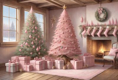 The primary subject of the image is a pink Christmas tree. The setting is a room with a fireplace, and the visual style is a painting or drawing. The colors and mood of the image are predominantly pink, creating a warm and festive atmosphere.