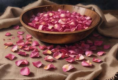 The primary subject of the image is a wooden bowl filled with pink petals, which are likely rose petals. The bowl is placed on a table, and the setting appears to be a natural environment. The visual style of the image is a painting, which gives it a more artistic and detailed appearance. The dominant colors in the painting are pink and brown, creating a warm and inviting atmosphere.