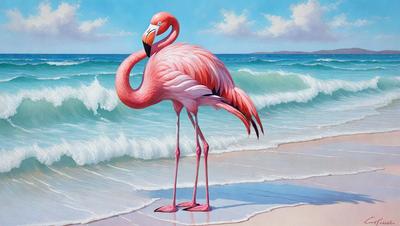 The primary subject of the image is a pink flamingo standing on a beach near the ocean. The flamingo is the focal point of the scene, and it appears to be enjoying its time by the water. The setting is a beach with waves and a blue ocean in the background. The visual style of the image is a painting, which adds a sense of artistic expression and creativity to the scene. The colors in the painting are predominantly pink, which gives the image a warm and inviting atmosphere.