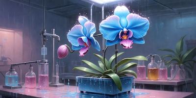 The primary subject of the image is a large blue orchid flower in a blue vase. The setting is a room with a pink surface, and the visual style is a digital art illustration. The dominant colors are blue and purple, creating a calm and serene atmosphere.