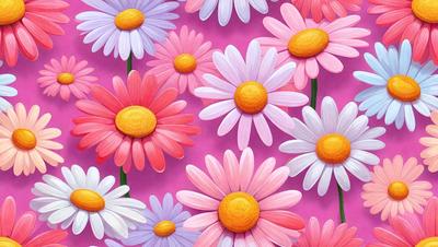 The primary subject of the image is a close-up of a flower, specifically a pink and white daisy. The setting is a pink background, which creates a vibrant and lively atmosphere. The visual style is a painting, with the artist using a brush to create the intricate details of the flower. The colors and mood of the image are predominantly pink and white, giving it a fresh and delicate appearance.