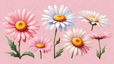 The primary subject of the image is a group of four white and pink flowers with yellow centers. They are arranged in a visually appealing manner, with each flower having a distinct yellow center. The flowers are set against a pink background, which adds a vibrant and lively touch to the scene. The visual style of the image is a combination of digital art and illustration, creating a realistic and detailed representation of the flowers. The colors and mood of the image are predominantly warm and cheerful, with