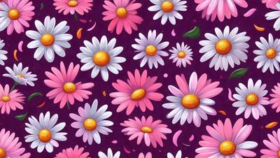 The primary subject of the image is a pattern of pink and white flowers. The flowers are arranged in a visually appealing manner, creating a sense of harmony and beauty. The setting is a purple background, which adds a touch of elegance and sophistication to the overall composition. The visual style of the image is a combination of digital art and illustration, resulting in a vibrant and lively appearance. The dominant colors in the image are pink and white, which evoke feelings of warmth, love