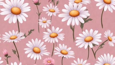 The primary subject of the image is a close-up of a flower, specifically a white daisy. The setting is a pink background, which adds a vibrant and lively atmosphere to the scene. The visual style is a combination of a photo and a drawing, creating a realistic yet artistic representation of the flower. The colors and mood of the image are predominantly pink, which evokes a sense of warmth and freshness.
