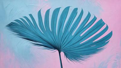 The primary subject of the image is a large blue and white palm leaf. The leaf is prominently displayed in the foreground, with a pink background visible behind it. The visual style of the image is a combination of a photo and a digital art, creating a unique and eye-catching representation of the palm leaf. The colors and mood of the image are predominantly blue and white, with the pink background adding a touch of warmth and vibrancy to the overall atmosphere.
