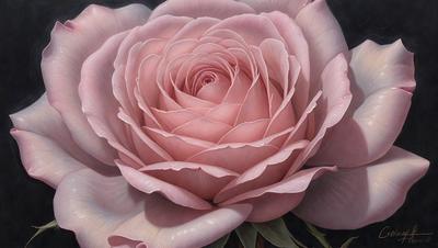 The primary subject of the image is a pink rose with a delicate petal structure. The rose is displayed in a painting, which showcases its beauty and intricate details. The setting is a black background, which emphasizes the rose's vibrant color and contrasts it with the darkness of the background. The visual style is a painting, which captures the rose's essence and adds a sense of artistic expression to the image. The colors and mood of the painting are predominantly pink, which