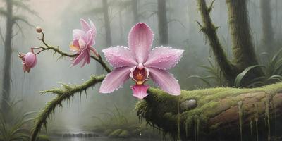 The primary subject of the image is a beautiful pink orchid flower. The setting is a forest, with trees and a waterfall in the background. The visual style is a painting, which adds a sense of artistic expression and creativity to the scene. The colors and mood of the image are predominantly pink, which adds a sense of warmth and elegance to the overall atmosphere.