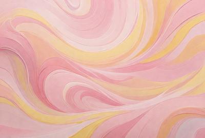 The primary subject of the image is a large, colorful painting featuring a swirling pattern of pink, yellow, and white colors. The painting is displayed on a wall, creating a vibrant and lively atmosphere. The visual style of the painting suggests that it is a digital art or illustration, rather than a photo or traditional painting. The dominant colors of the painting are pink, yellow, and white, creating a warm and inviting mood.