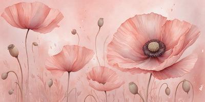 The primary subject of the image is a group of pink flowers, with each flower having a different shape and size. The flowers are set against a pink background, which adds to the overall mood of the scene. The visual style of the image is a painting, which gives it a more artistic and detailed appearance. The colors and mood of the painting are predominantly pink, creating a warm and inviting atmosphere.