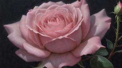 The primary subject of the image is a single pink rose. The rose is the main focus of the image, and it is displayed prominently in the foreground. The setting is a dark background, which contrasts with the bright pink color of the rose. The visual style of the image is a painting, which adds a sense of artistic expression and depth to the scene. The colors and mood of the image are predominantly pink, creating a warm and inviting atmosphere.
