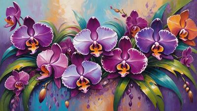 The primary subject of the image is a bouquet of purple orchids. The orchids are arranged in a vase, creating a beautiful and colorful display. The setting is a painting, which showcases the artist's skill in capturing the intricate details of the orchids. The visual style is a combination of realism and artistic expression, resulting in a captivating and vibrant scene. The colors and mood of the painting are predominantly purple, which adds a sense of elegance and s