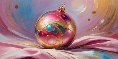 The primary subject of the image is a beautifully decorated Christmas ornament. The ornament is gold and pink, with a star design on it. The setting is a table, and the visual style is a painting. The colors and mood of the image are warm and festive, creating a joyful atmosphere.