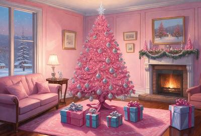 The primary subject of the image is a pink Christmas tree, which is the main focus of the scene. The tree is placed in a living room, surrounded by a pink carpet and a couch. The setting is a cozy and festive environment, perfect for celebrating the holiday season. The visual style of the image is a combination of digital art and illustration, creating a vibrant and lively atmosphere. The dominant colors in the image are pink and white, which contribute to the overall warm and cheerful