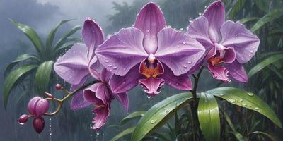 The primary subject of the image is a group of purple orchids with drops of water on them. The setting is a forest, with the orchids growing on a tree. The visual style is a photo, capturing the beauty of the orchids in their natural environment. The colors and mood of the image are predominantly purple, creating a serene and calming atmosphere.