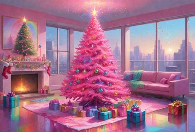 The primary subject of the image is a pink Christmas tree, which is placed in a living room. The setting includes a couch and a window, creating a cozy and festive atmosphere. The visual style of the image is a digital art or illustration, giving it a vibrant and colorful appearance. The dominant colors in the image are pink and various shades of green, which contribute to the cheerful and festive mood of the scene.