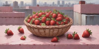 The primary subject of the image is a large bowl filled with red strawberries. The bowl is placed on a pink surface, which adds a vibrant and cheerful touch to the scene. The setting appears to be an urban environment, with a cityscape visible in the background. The visual style of the image is a painting, which gives it a more artistic and detailed appearance. The colors and mood of the painting are predominantly warm and inviting, with the red strawberries and p