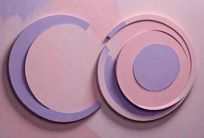 The primary subject of the image is a purple circle with a white circle in the middle. The setting is a pink background, and the visual style appears to be a combination of digital art and illustration. The dominant colors are purple and white, creating a calm and soothing atmosphere.
