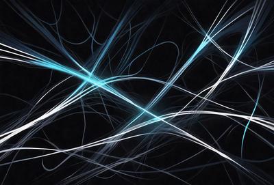 The primary subject of the image is a blue and white light pattern, which appears to be a digital art or illustration. The setting is a dark background, which contrasts with the light pattern. The visual style is modern and abstract, with the light pattern resembling a cross or a web. The colors and mood of the image are predominantly blue and white, creating a sense of calmness and tranquility.