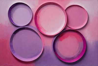 The primary subject of the image is a group of four purple and pink plates. These plates are arranged in a visually appealing manner, creating a sense of harmony and balance. The setting is a room with a pink background, which adds to the overall atmosphere of the scene. The visual style of the image is a combination of digital art and illustration, giving it a unique and artistic appearance. The dominant colors of the image are purple and pink, which evoke a sense of warmth and cre