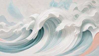 The primary subject of the image is a large, white, and blue wave. The wave is the main focus of the image, and it is depicted in a painting style. The setting is a blue ocean, and the visual style is a combination of digital art and illustration. The dominant colors in the image are white and blue, creating a serene and calming atmosphere.