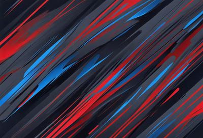 The primary subject of the image is a colorful, abstract design featuring red, blue, and black colors. The setting is a black background, which contrasts with the vibrant colors of the design. The visual style appears to be a combination of digital art and illustration, creating a unique and eye-catching pattern. The overall atmosphere of the image is energetic and dynamic, with the bold colors and intricate design elements capturing the viewer's attention.