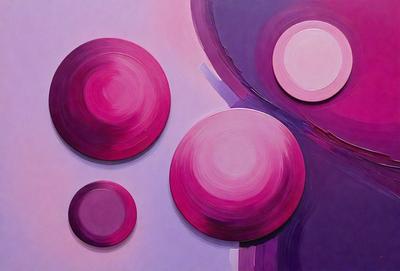 The primary subject of the image is a group of three pink circles, each with a different size and shape. They are placed on a purple background, which adds a contrasting color to the scene. The visual style of the image is a painting, with the circles and background creating a cohesive and artistic composition. The colors and mood of the image are predominantly pink and purple, giving the scene a warm and inviting atmosphere.