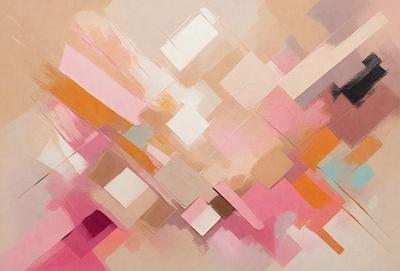The primary subject of the image is a painting featuring a colorful and abstract design. The setting is a white wall, and the visual style is a combination of digital art and illustration. The painting is predominantly pink, with other colors such as white, orange, and brown also present. The overall atmosphere of the painting is vibrant and lively, showcasing the artist's creativity and skill in creating a visually appealing piece of art.
